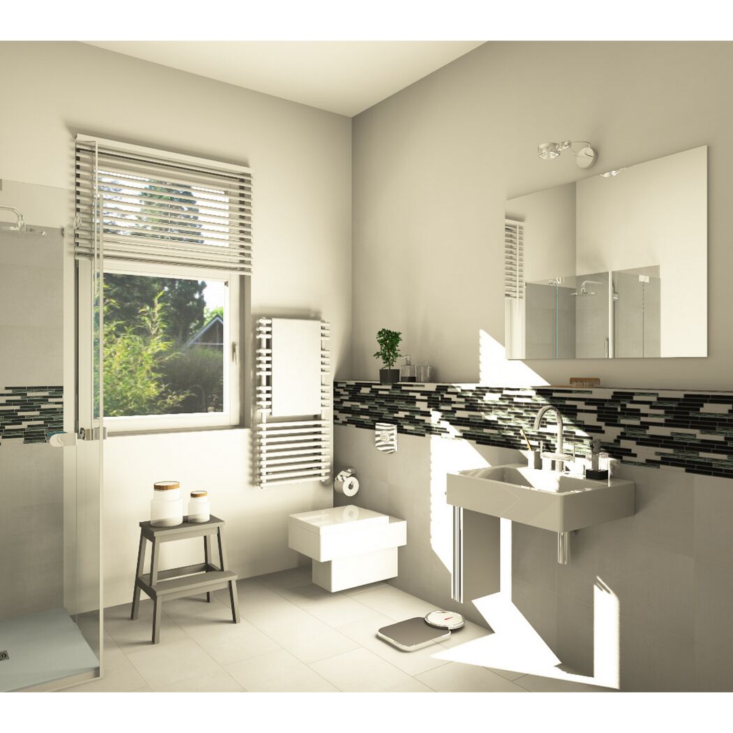 Modernes Badezimmer mit Toilette, Dusche und Waschbecken
