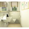 Kleines Badezimmer mit WC, Waschbecken und Handtuch.