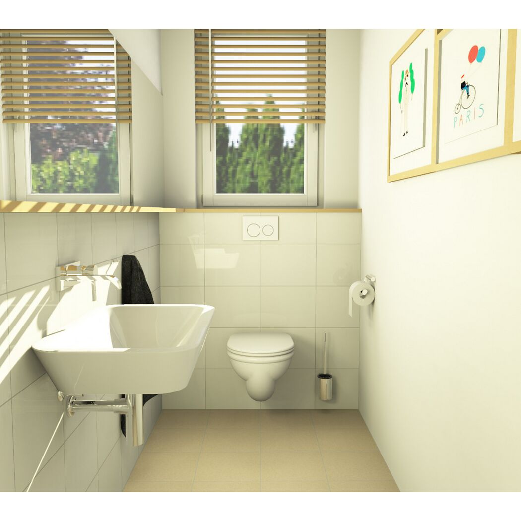 Kleines Badezimmer mit WC, Waschbecken und Handtuch.