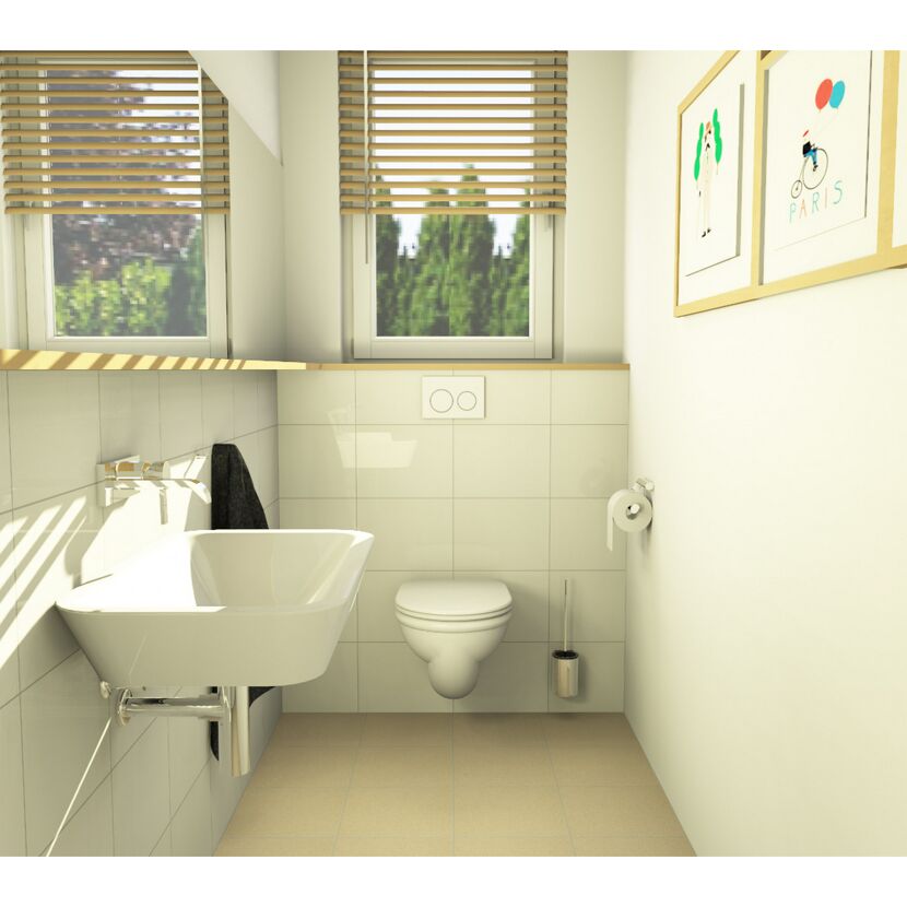 Kleines Badezimmer mit WC, Waschbecken und Handtuch.