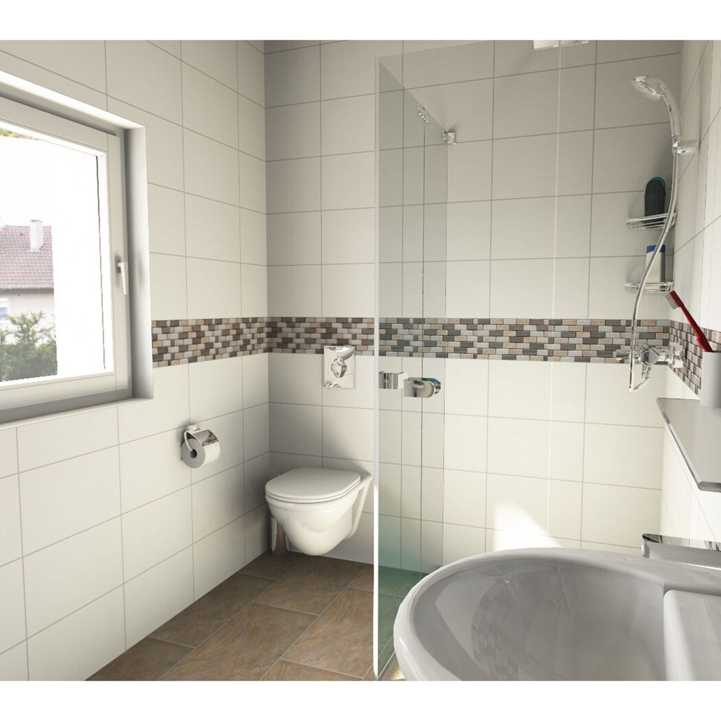 Badezimmer mit Toilette, Dusche und Waschbecken