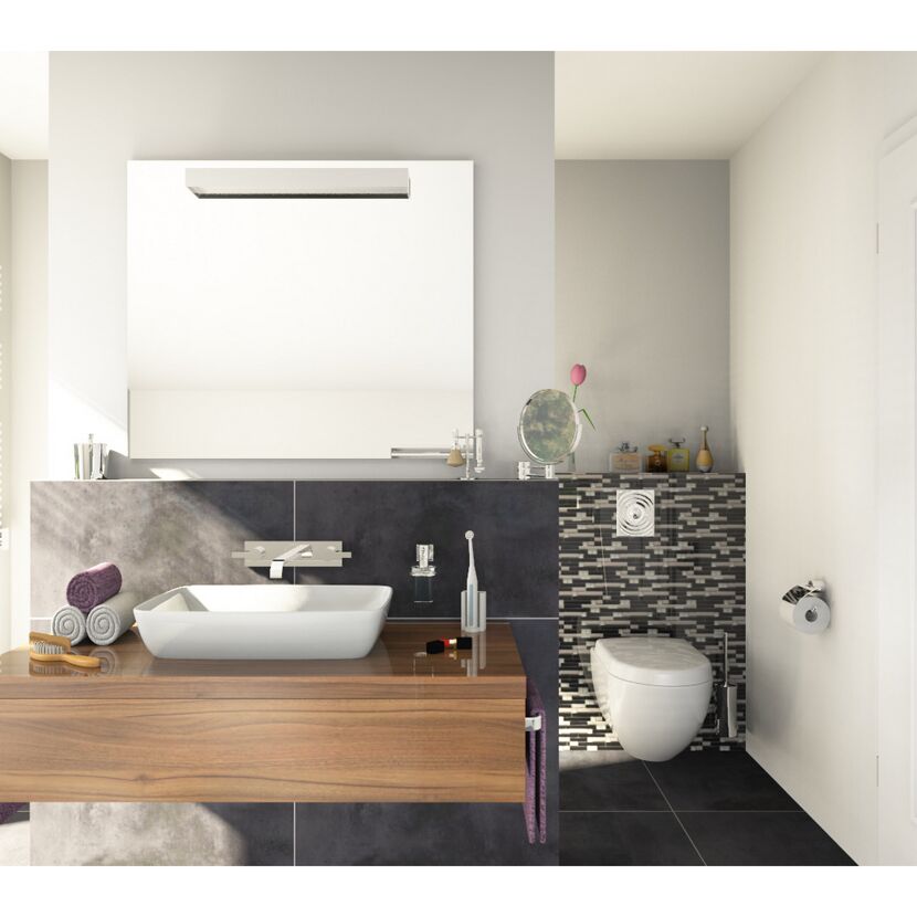 Modernes Badezimmer mit Waschbecken, Toilette und Spiegel