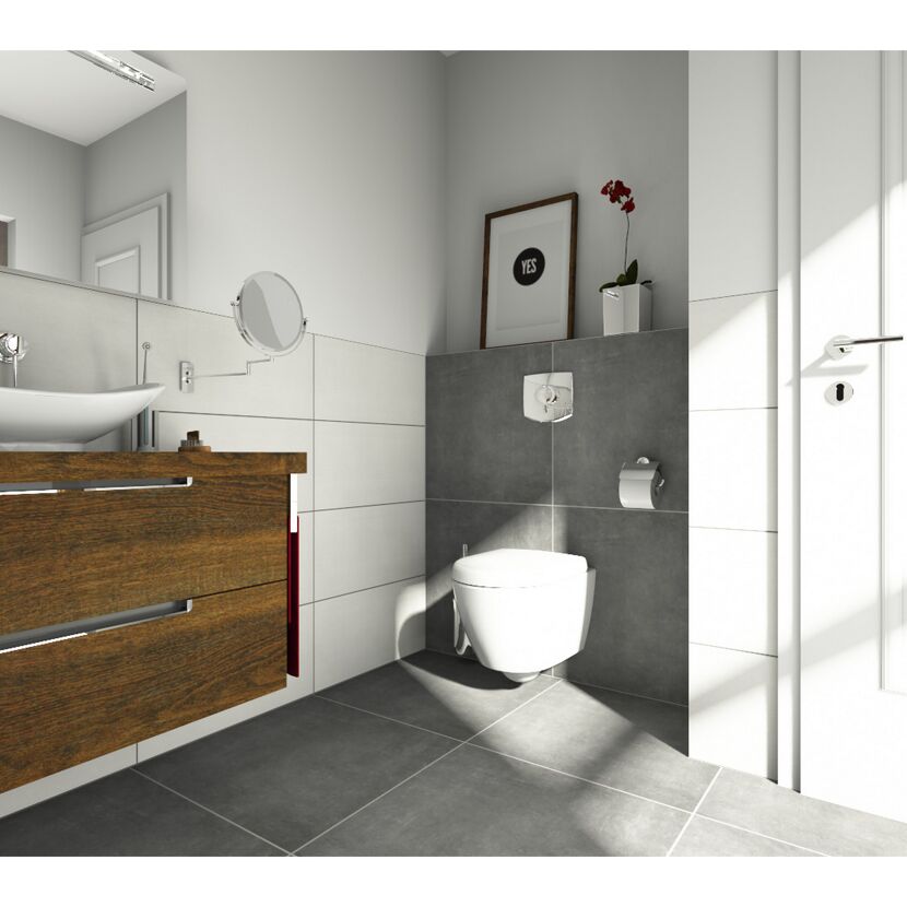 Modernes Badezimmer mit grauen Fliesen und Holzmöbeln.