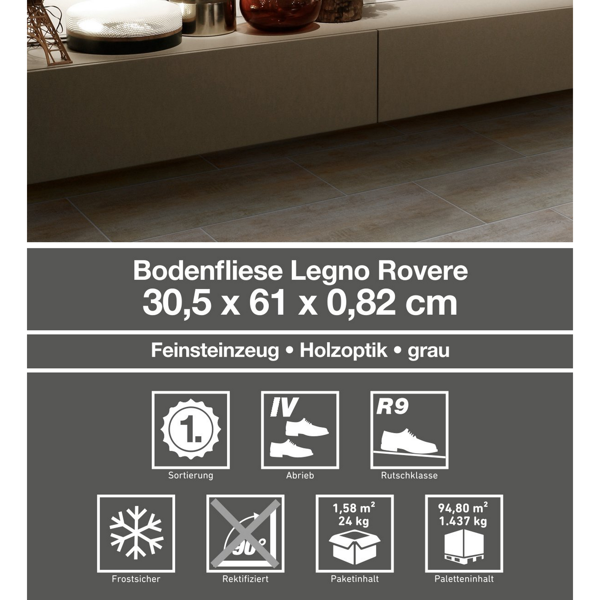 Bodenfliese 'Legno' Feinsteinzeug grau 30,5 x 61 cm + product picture