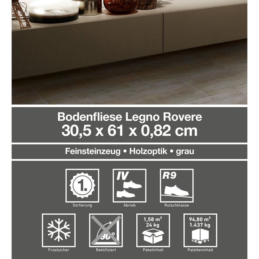 Graue Bodenfliese Legno Rovere verlegt