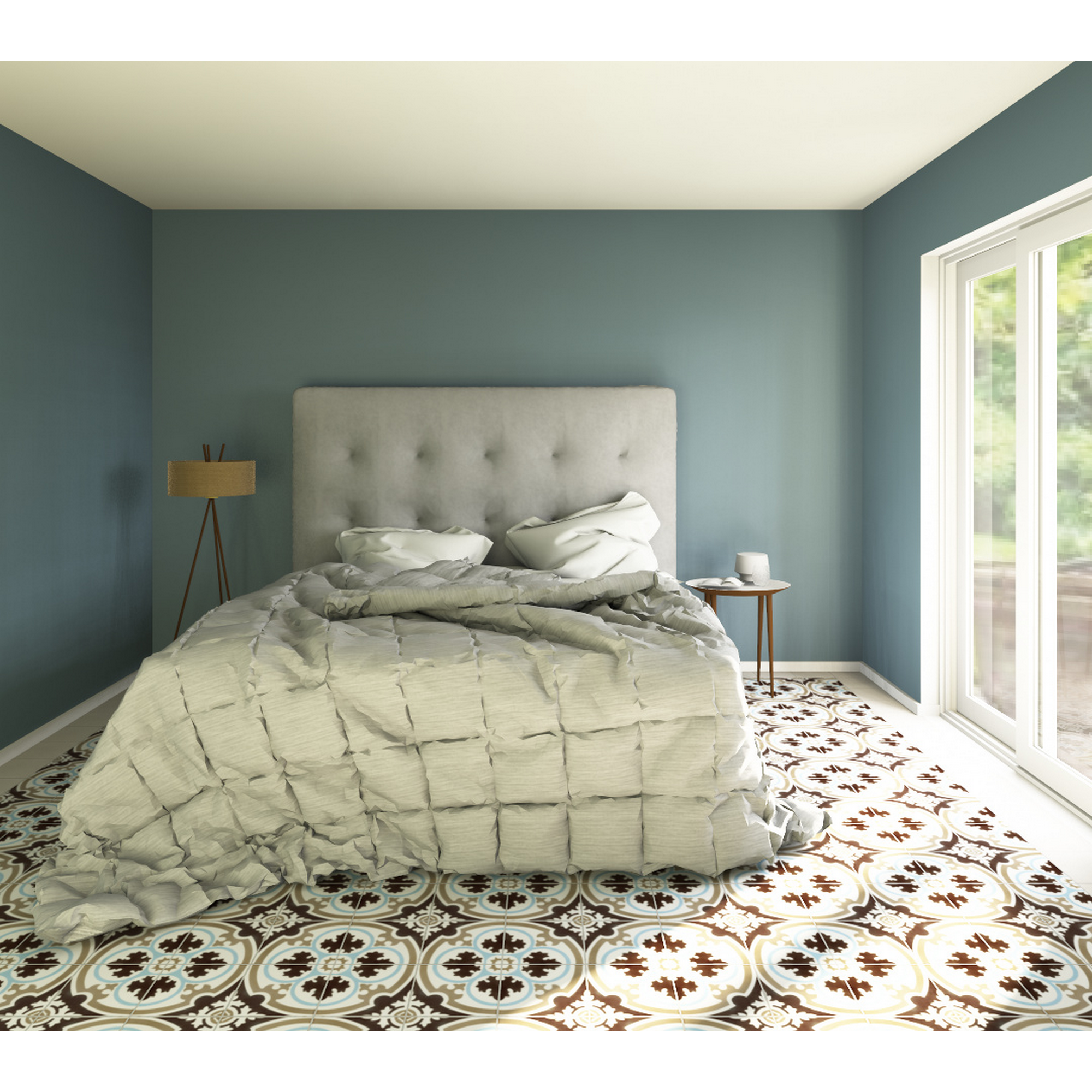 Schlafzimmer mit gemustertem Fliesenboden und Bett
