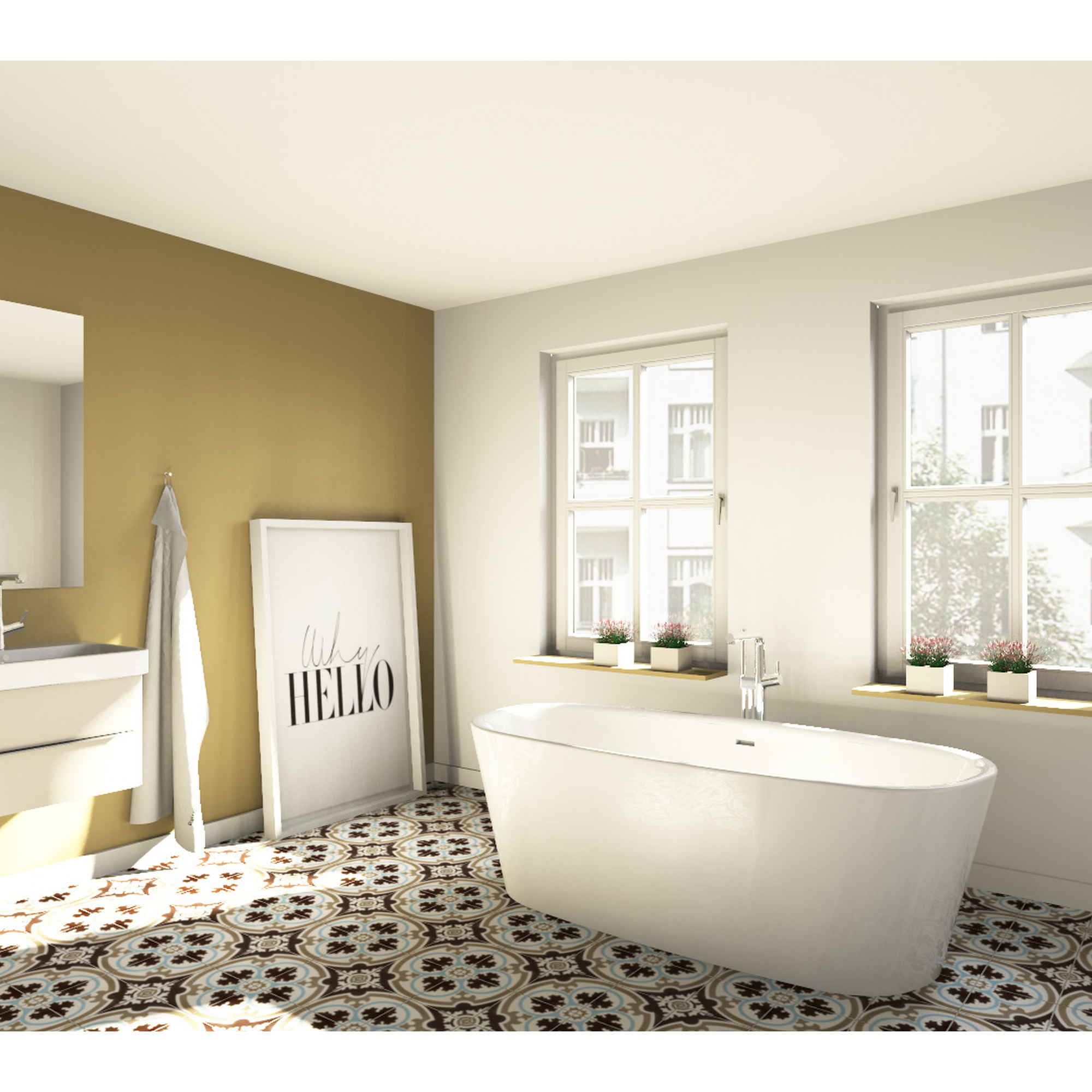 Badezimmer mit freistehender Badewanne und gemusterten Fliesen