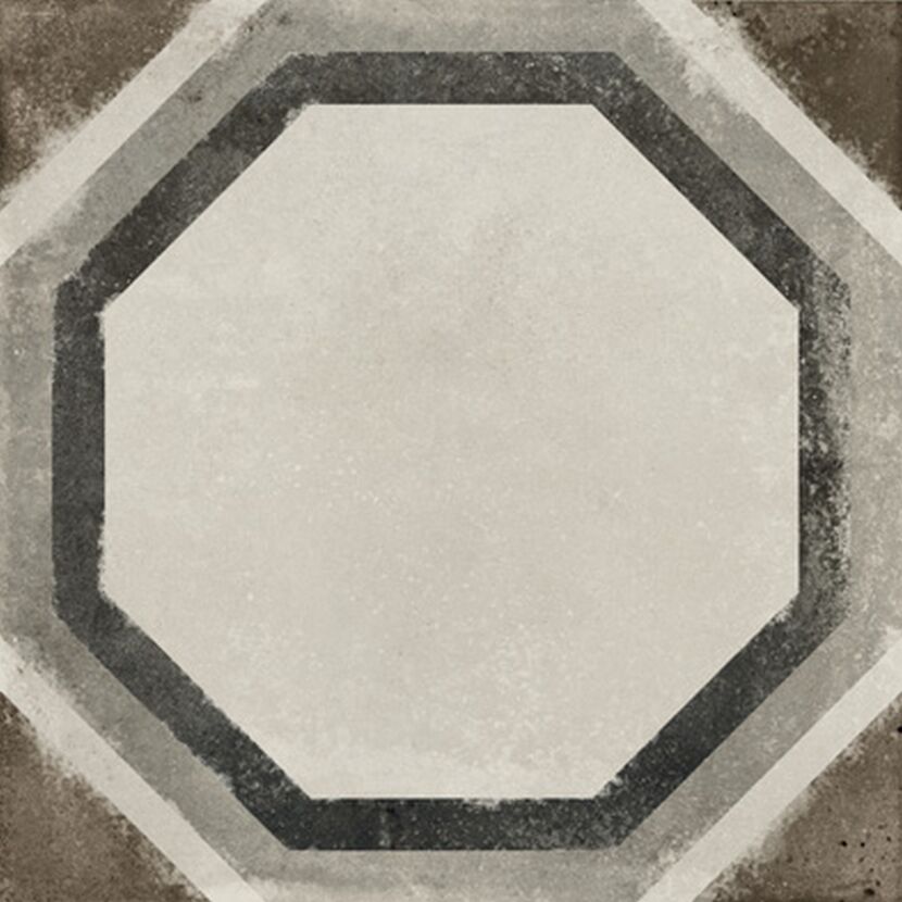Achteckige Fliese mit grauen und schwarzen Rändern