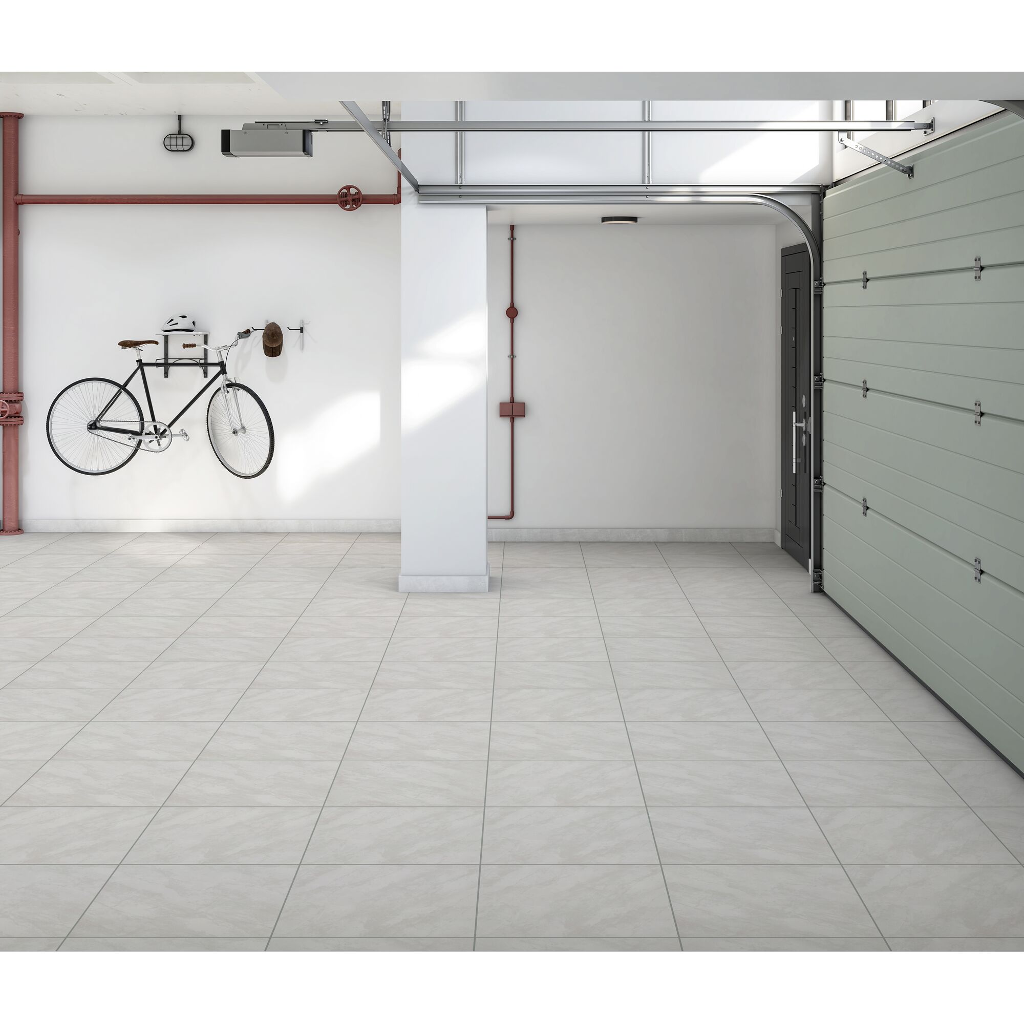 Garage mit Fliesenboden und Fahrrad an der Wand.