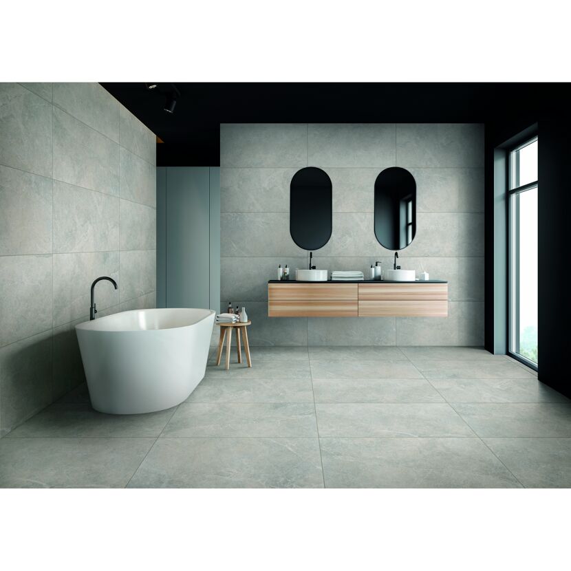 Modernes Badezimmer mit grauen Fliesen