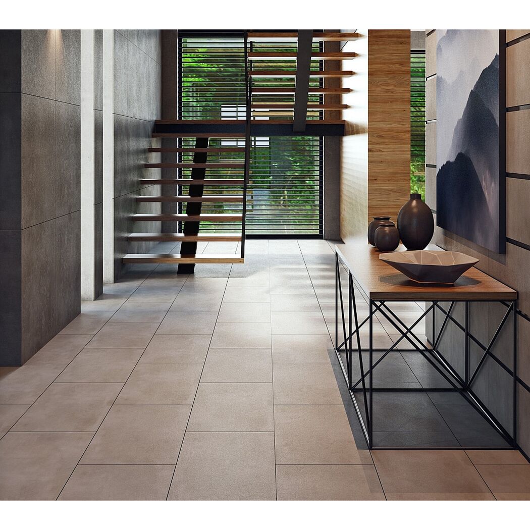 Moderner Flur mit Fliesen in Beige und Holztreppe