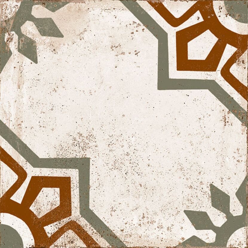 Verzierte Bodenfliese in Beige mit braunem und grünem Muster.