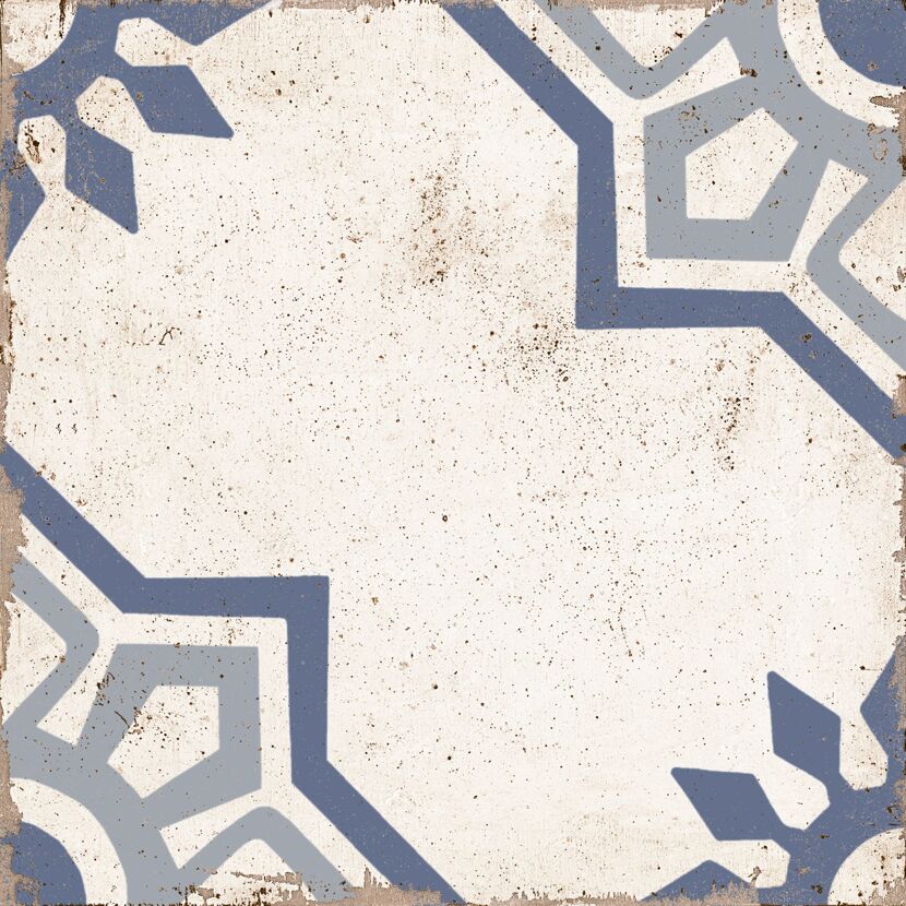 Blaue und graue geometrische Muster auf cremefarbenem Hintergrund.