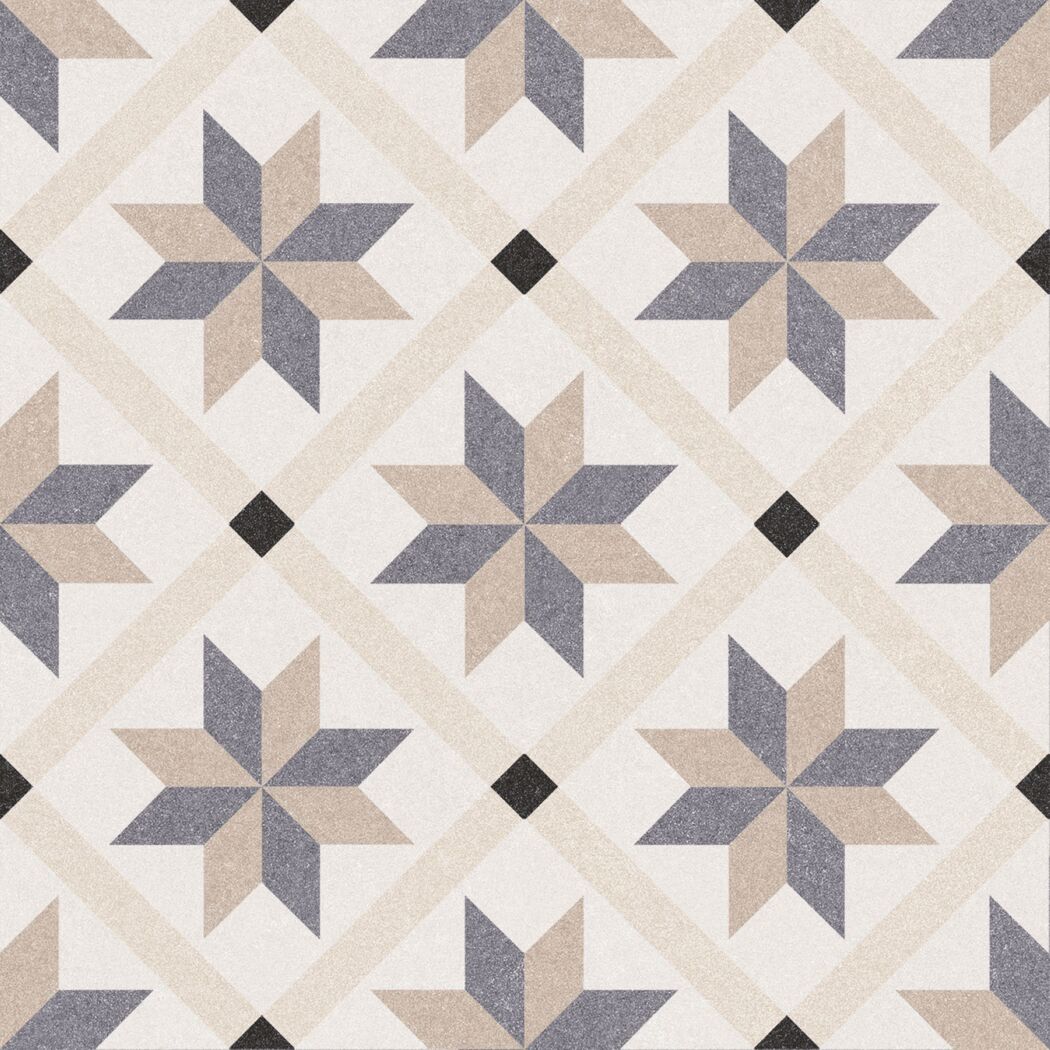 Fliesenmuster mit beige-grauen Sternen und schwarzen Quadraten.