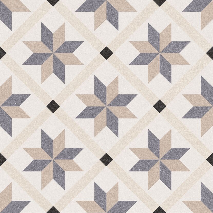 Fliesenmuster mit beige-grauen Sternen und schwarzen Quadraten.