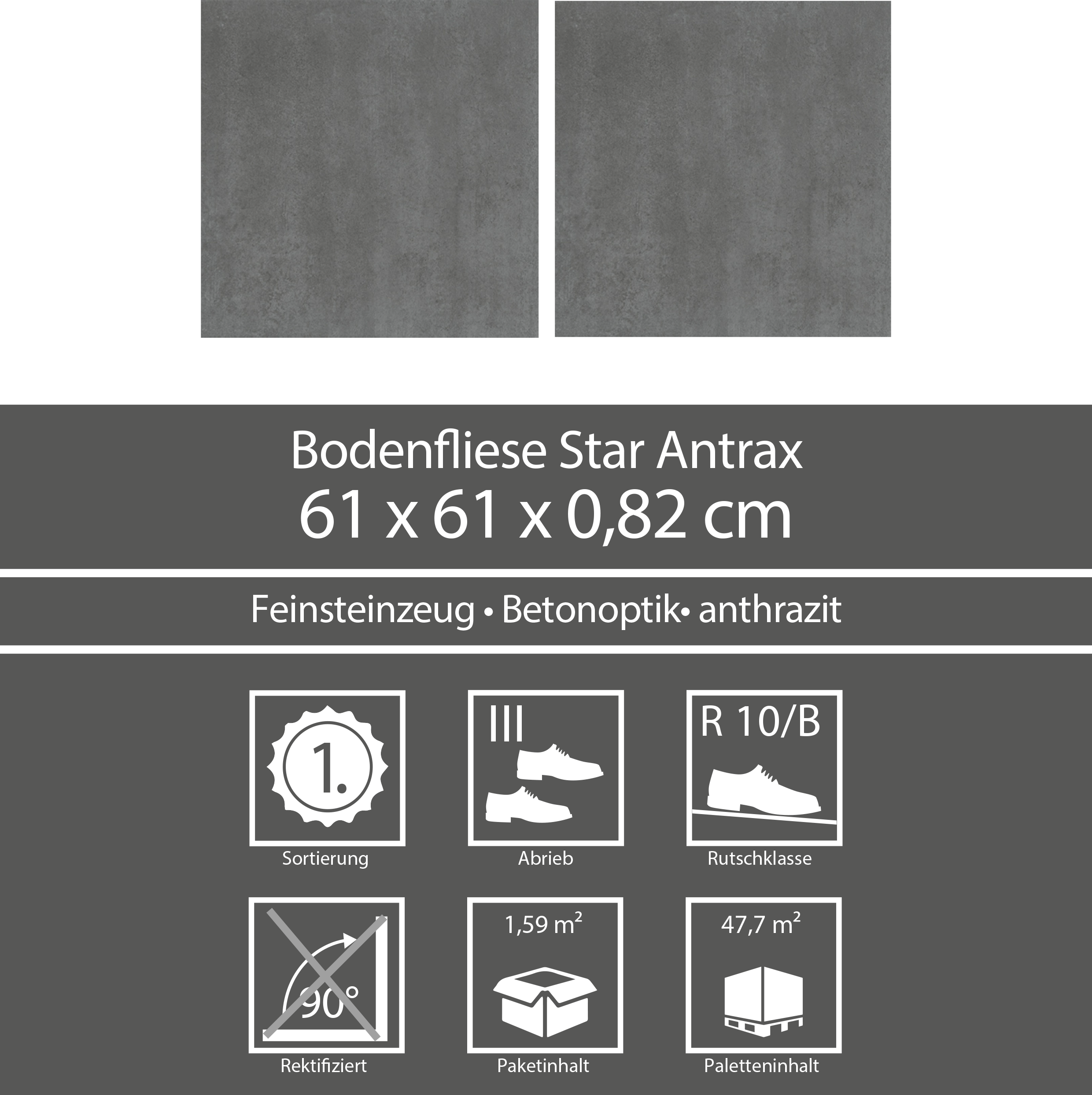 Bodenfliese 'Star' Feinsteinzeug anthrazit 61 x 61 cm