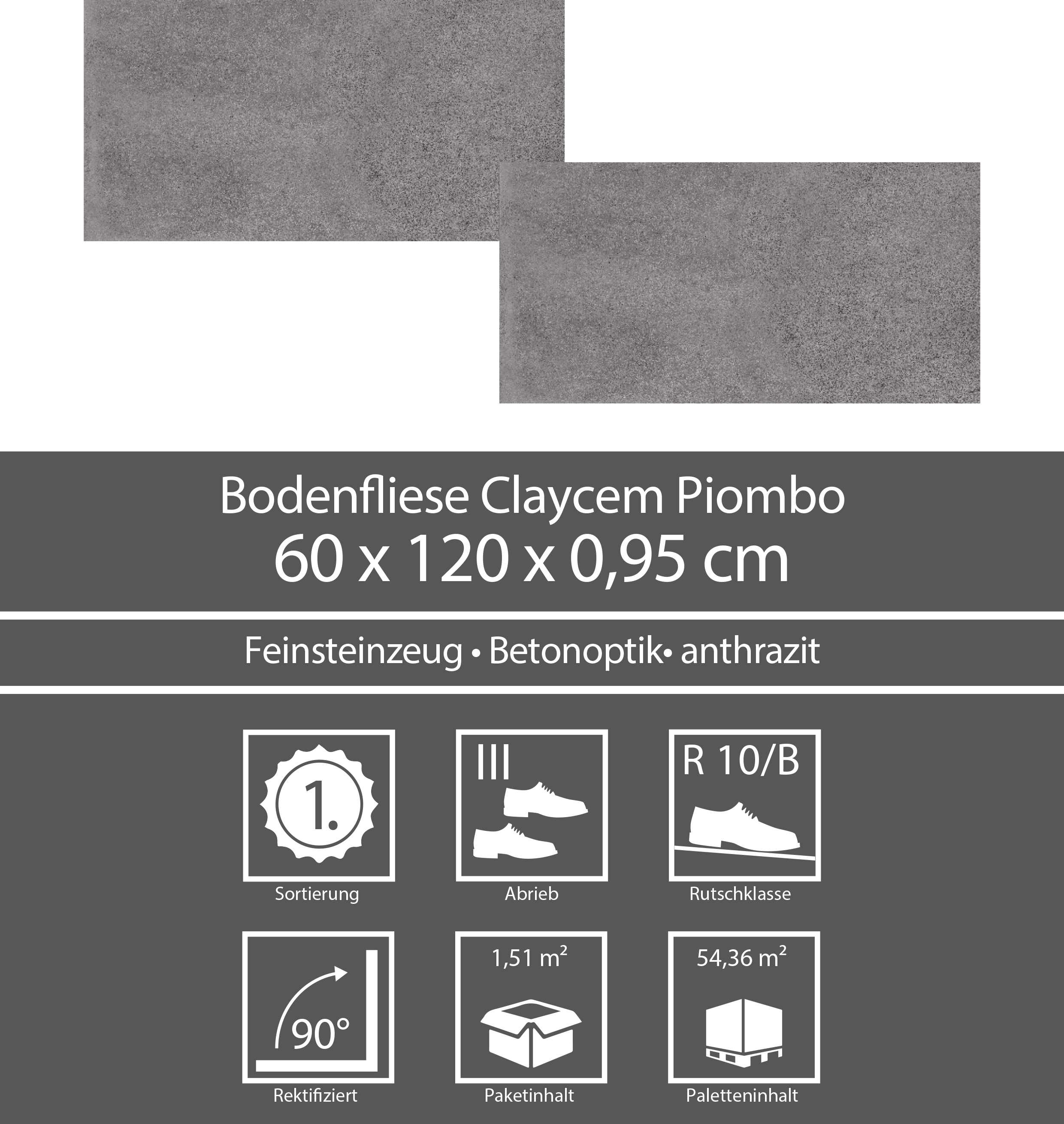 Bodenfliese 'Claycem' Feinsteinzeug anthrazit 60 x 120 cm + product picture