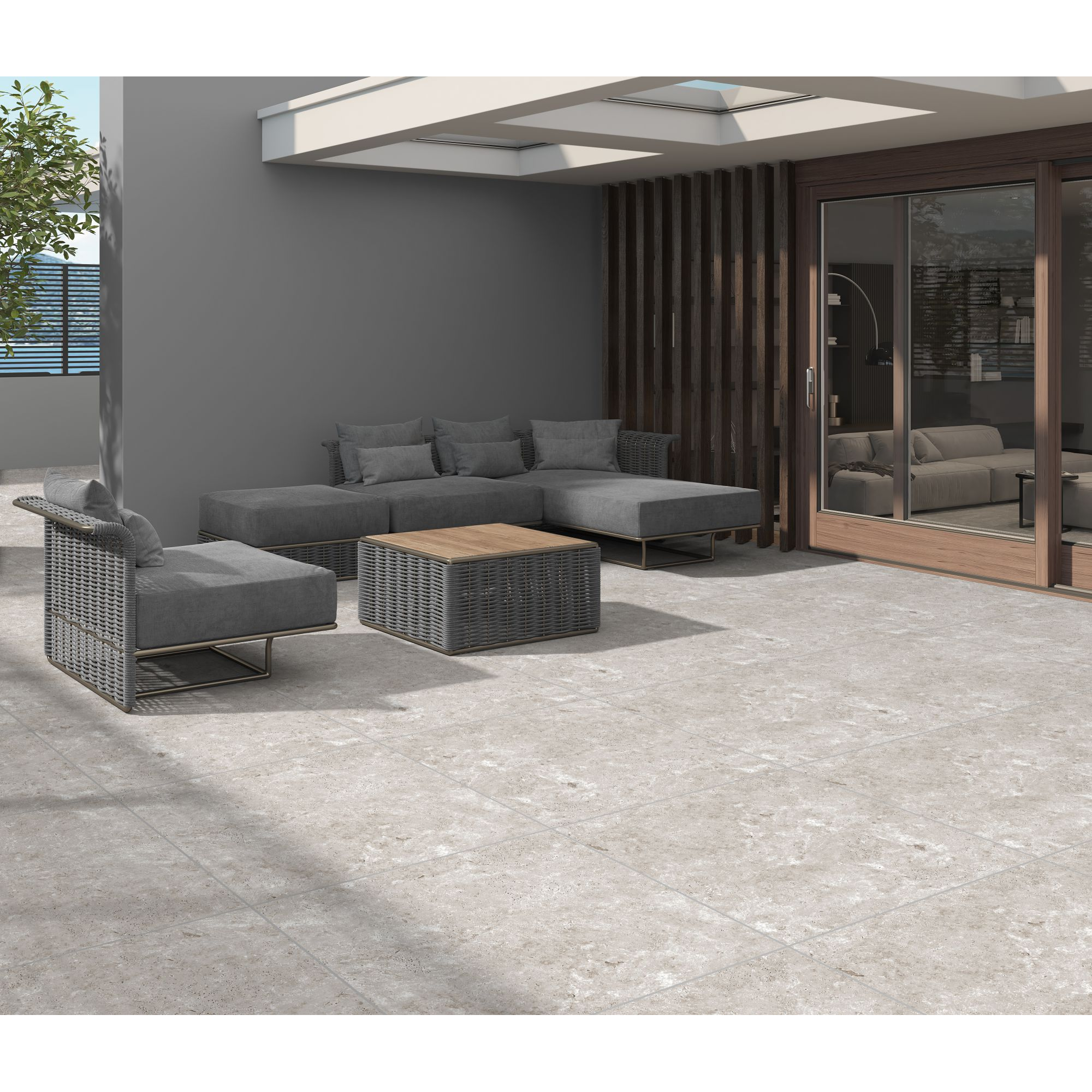 Bodenplatte 'Travertine' Feinsteinzeug grau 60 x 60 x 2 cm