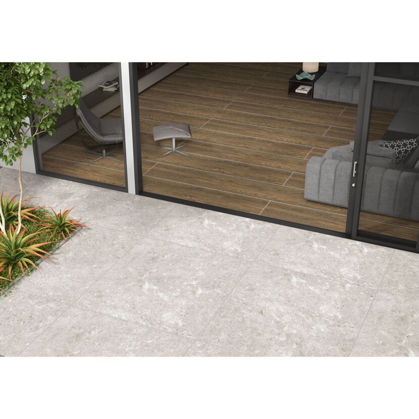 Bodenplatte 'Travertine' Feinsteinzeug grau 79,7 x 79,7 x 2 cm