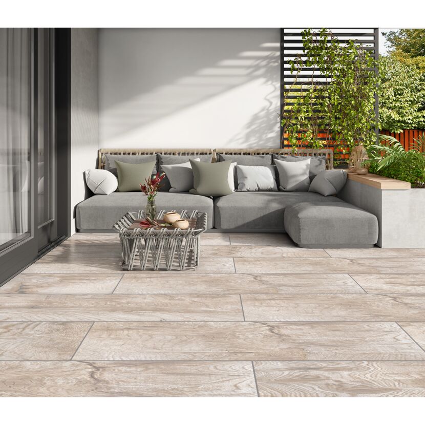 Bodenplatte 'Nebraska' Feinsteinzeug Holzoptik/beige 29,7 x 119,5 x 2 cm