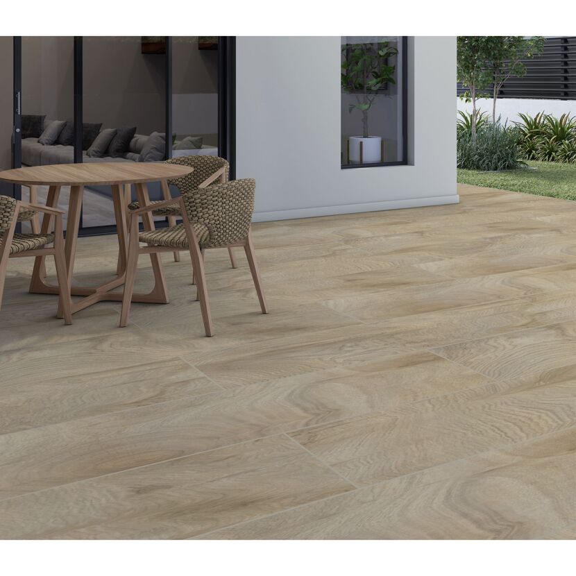 Bodenplatte 'Travertine' Feinsteinzeug Holzoptik/beige 29,5 x 119,5 x 2 cm