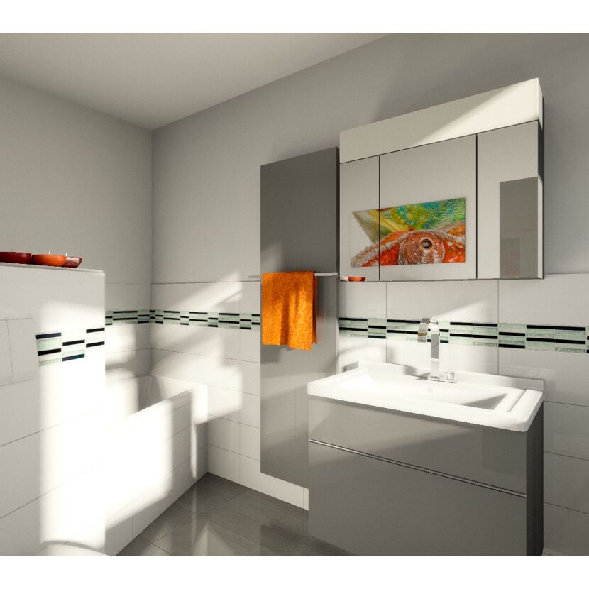 Badezimmer mit Waschbecken, Badewanne und Spiegelschrank