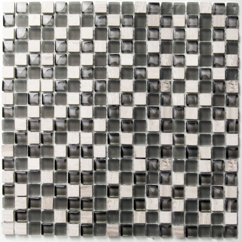 Mosaikfliese 'Solid' Glas, Naturstein weiß, grau 30 x 30 cm