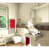 Modernes Badezimmer mit braunen Fliesen und roten Handtüchern.