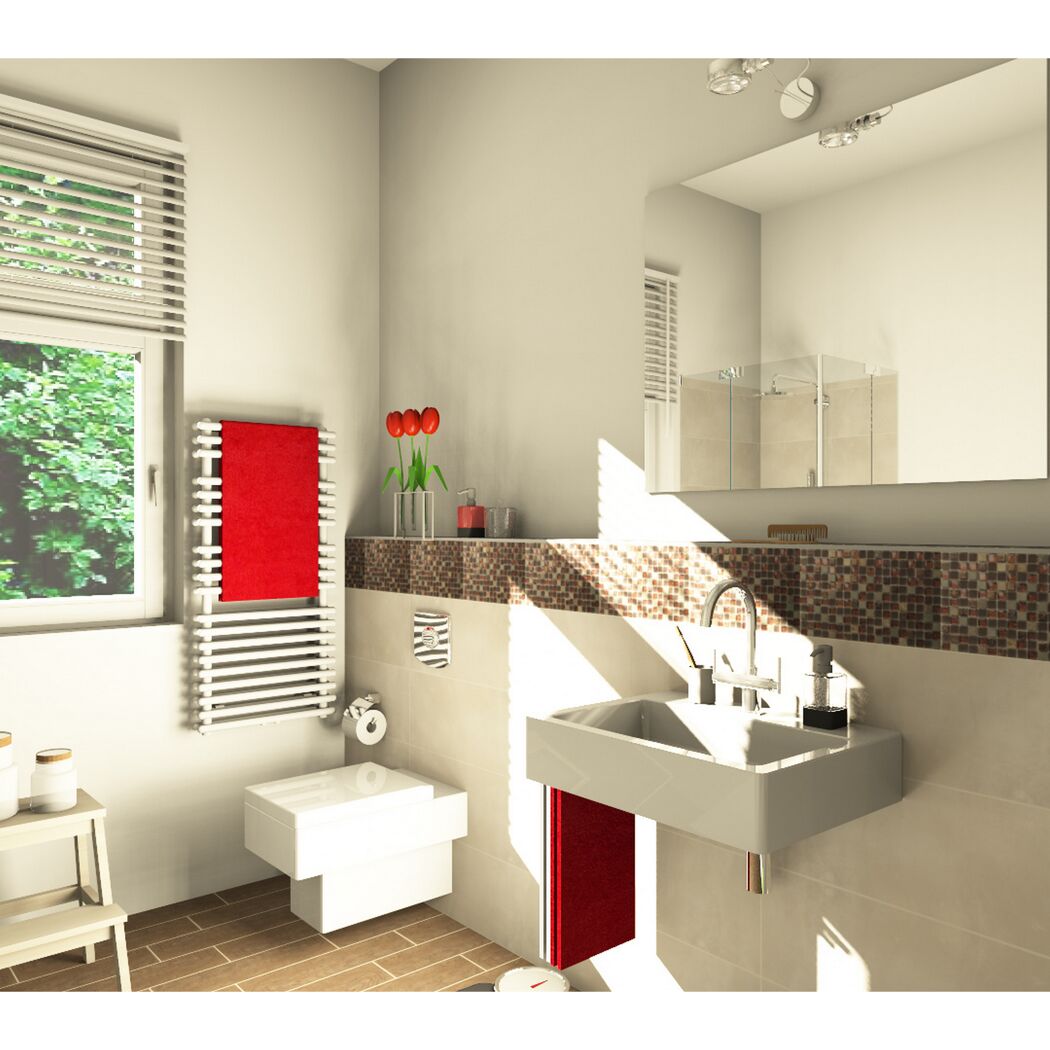 Modernes Badezimmer mit braunen Fliesen und roten Handtüchern.