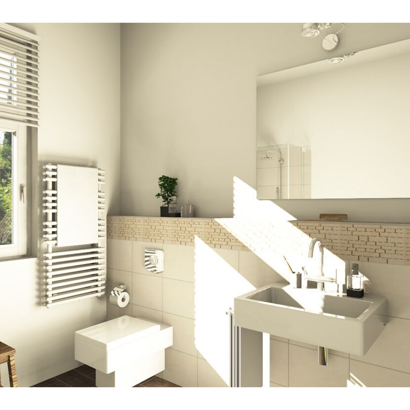 Helles Badezimmer mit Toilette, Waschbecken und Handtuchwärmer.