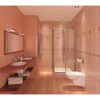 Modernes Badezimmer mit beiger Wandfliese und braunem Waschtisch