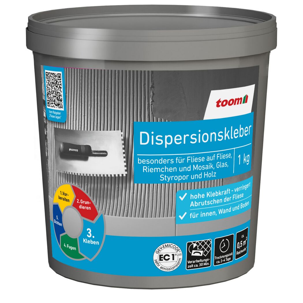 Toom Dispersionskleber 1 kg Eimer mit Spachtel und Hinweisen.