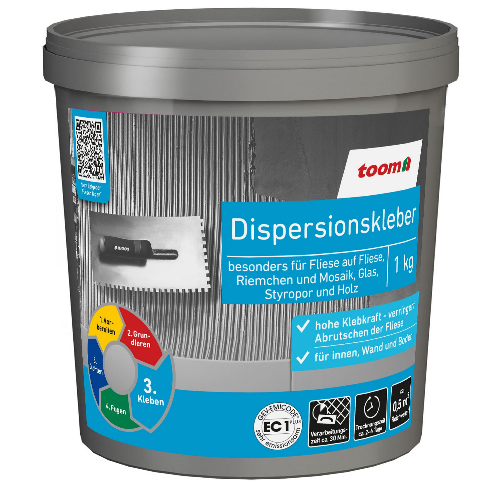 Toom Dispersionskleber 1 kg Eimer mit Spachtel und Hinweisen.