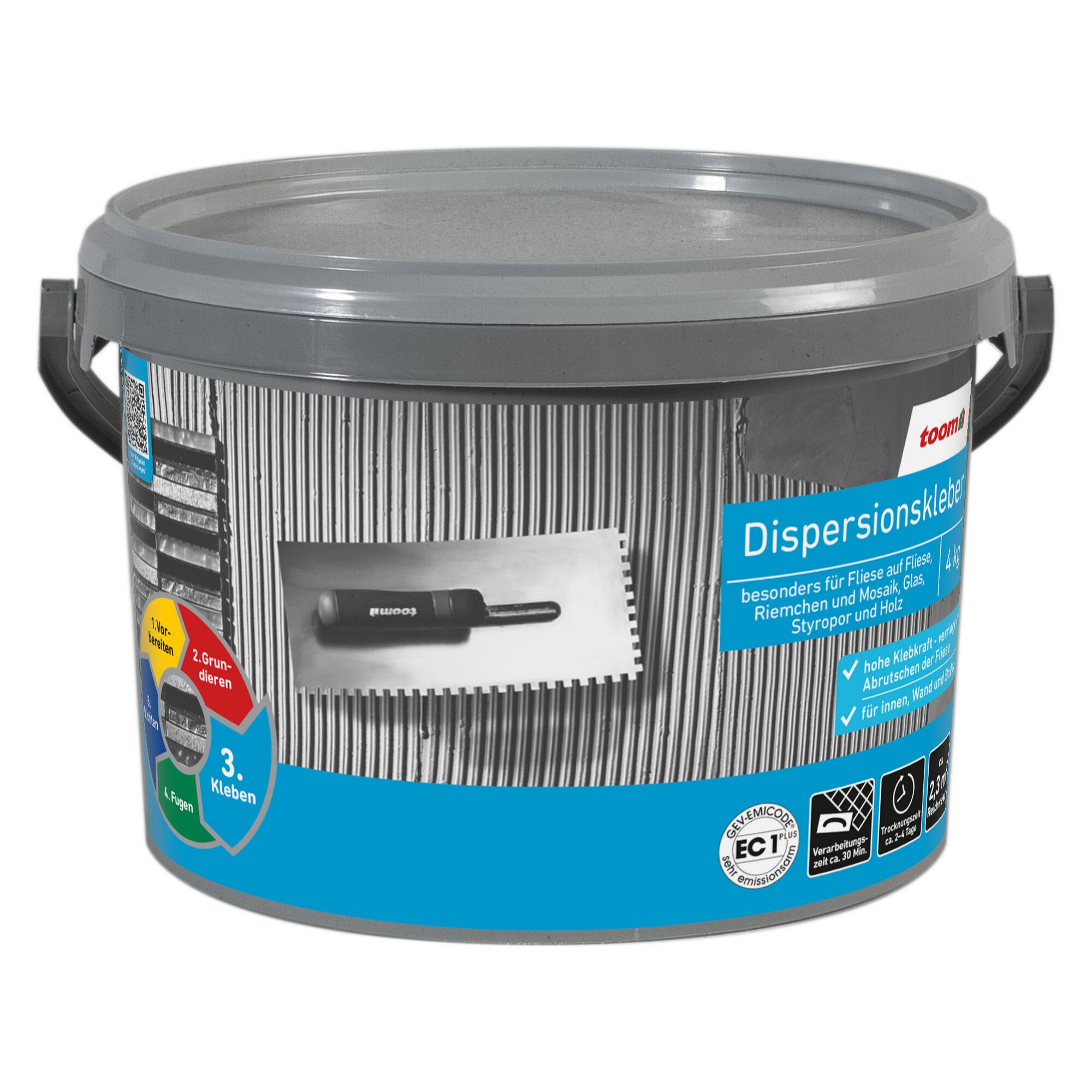 Eimer Dispersionskleber 4 kg mit Abbildung einer Zahnkelle.