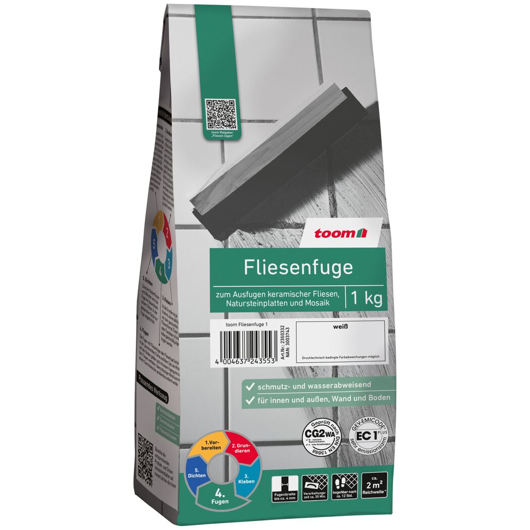 toom Fliesenfuge weiß 1 kg mit Fugengummi auf Fliesen