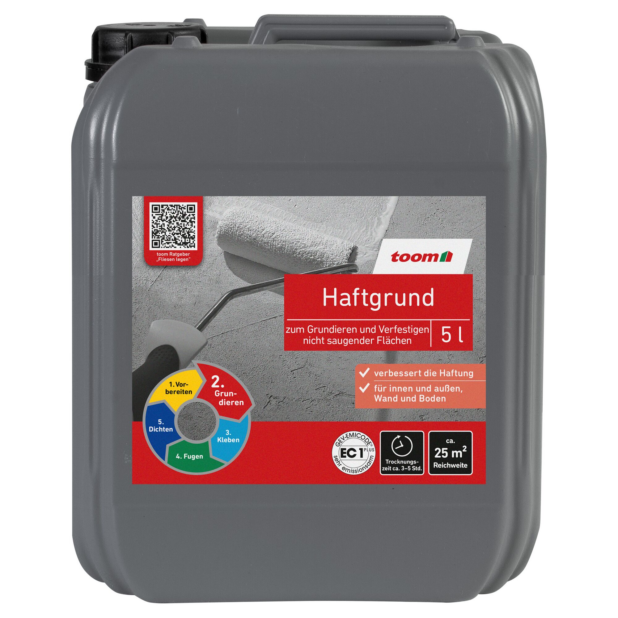 Haftgrund 5 Liter im grauen Kanister, Rolle auf Etikett.