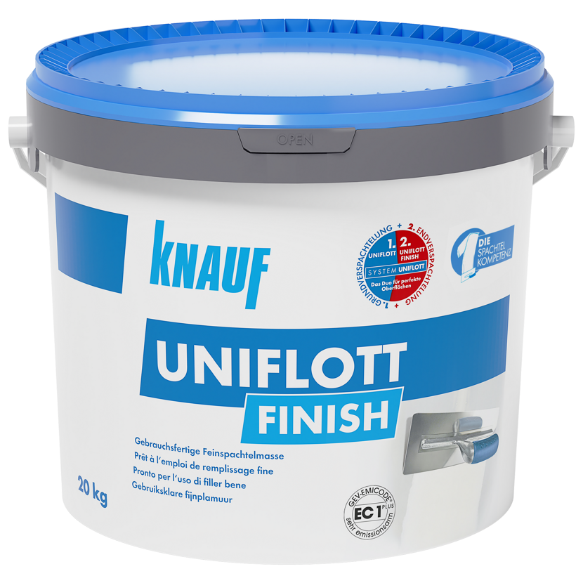 Eimer Knauf Uniflott Finish Feinspachtelmasse mit Spachtel