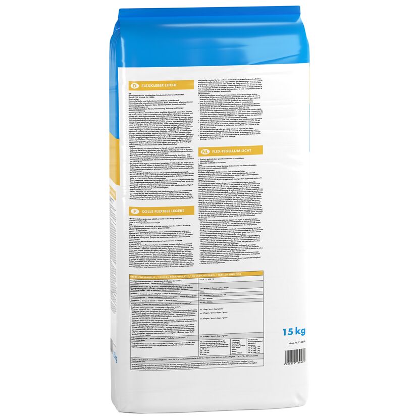 Rückseite eines 15 kg Flexkleber-Leicht-Sackes