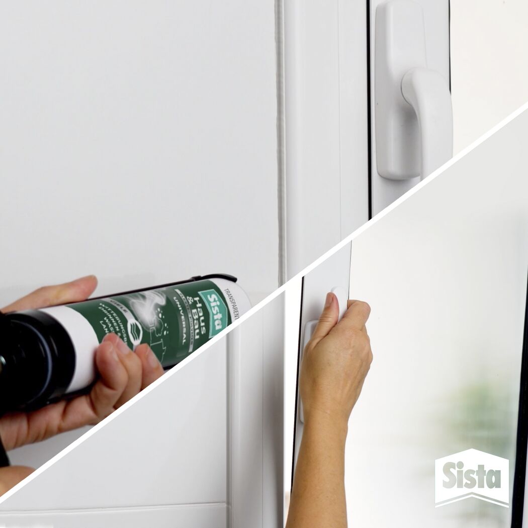 Person verwendet Sista Dichtmittel an einem Fensterrahmen.