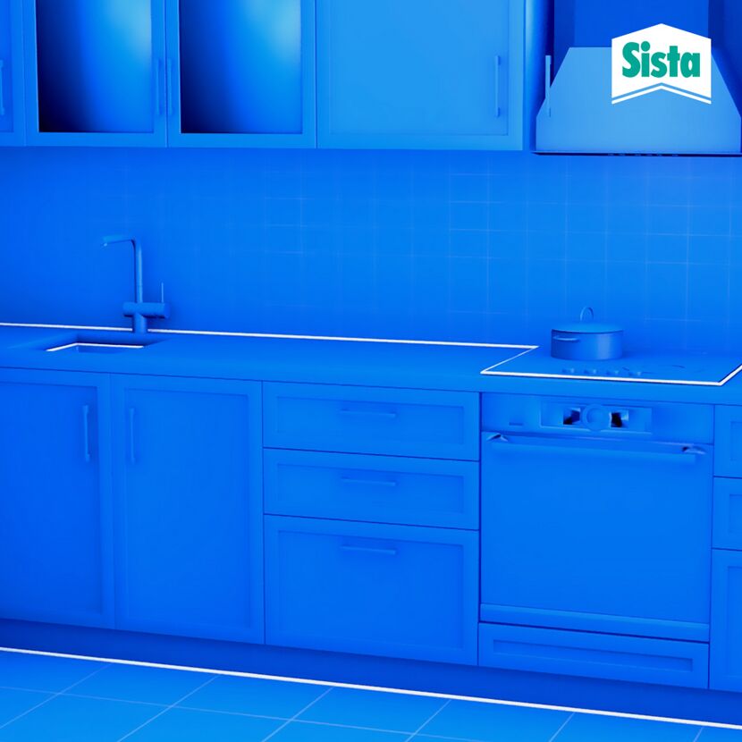 Blaue Küche mit Sista-Logo
