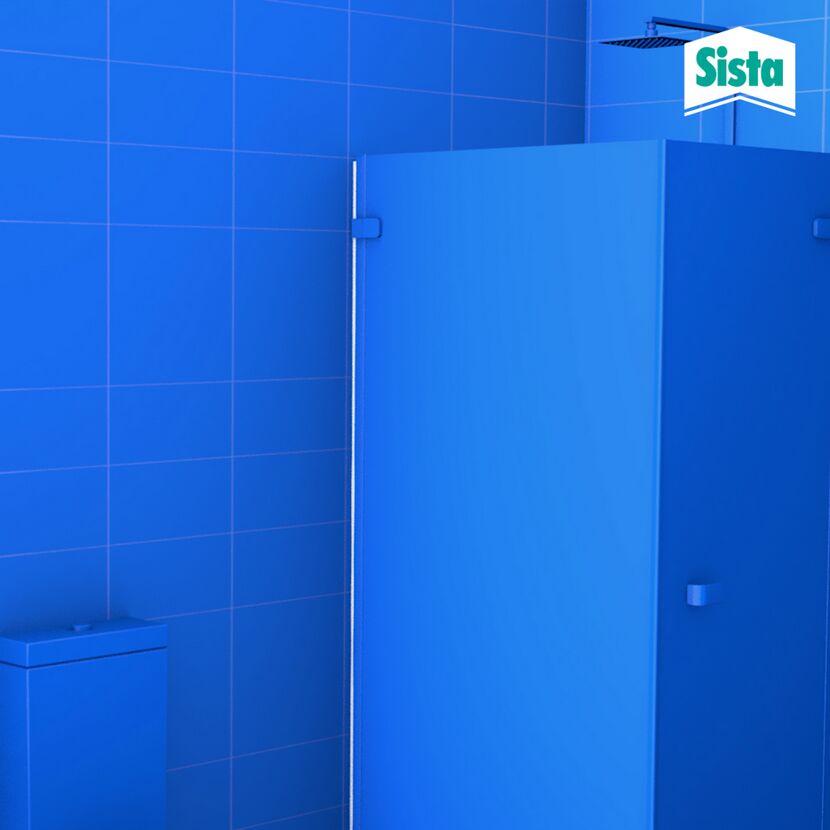 Blaue Duschkabine mit Sista Logo