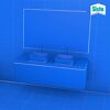 Blaues Badezimmer mit Doppelwaschbecken und Spiegel.