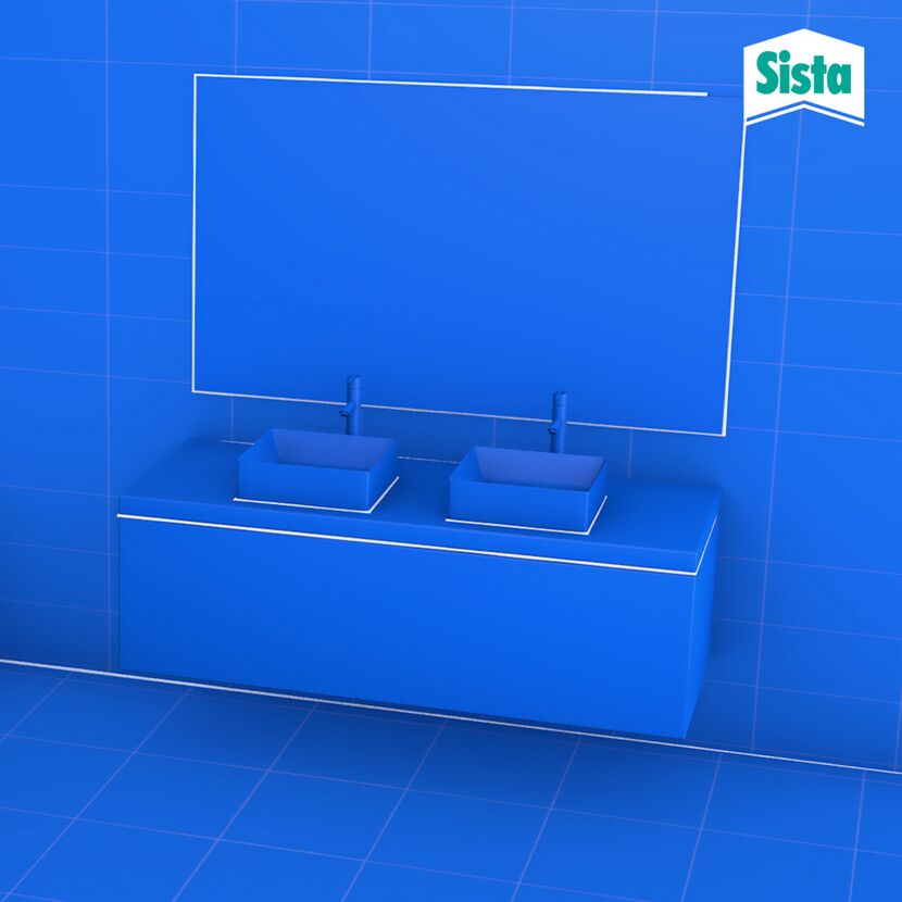 Blaues Badezimmer mit Doppelwaschbecken und Spiegel.