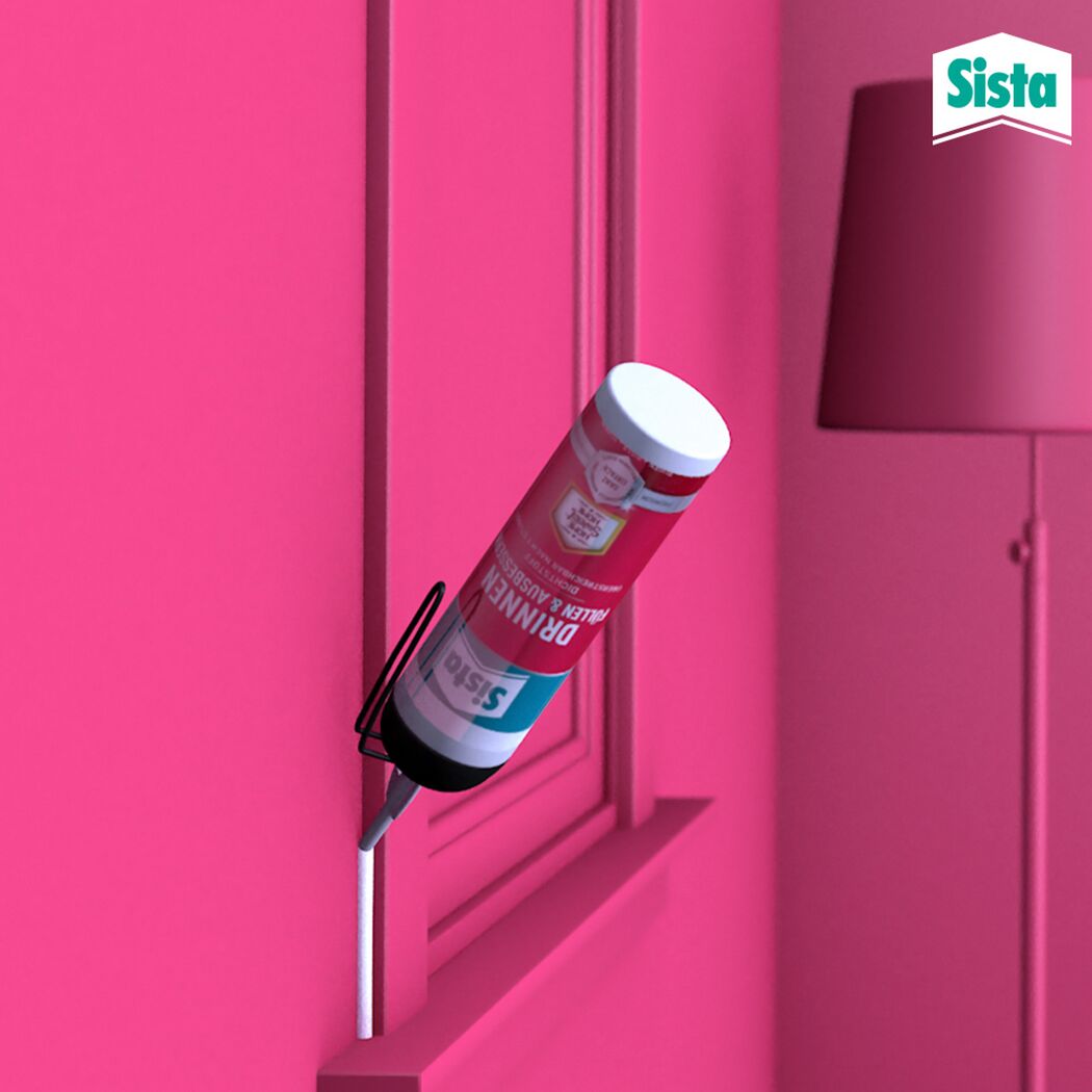 Sista Drinnen & Draußen Acryl wird mit Kartuschenpistole auf Fensterrahmen aufgetragen