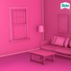 Rosa Wohnzimmer mit Sofa, Tisch und Fenster. Sista.