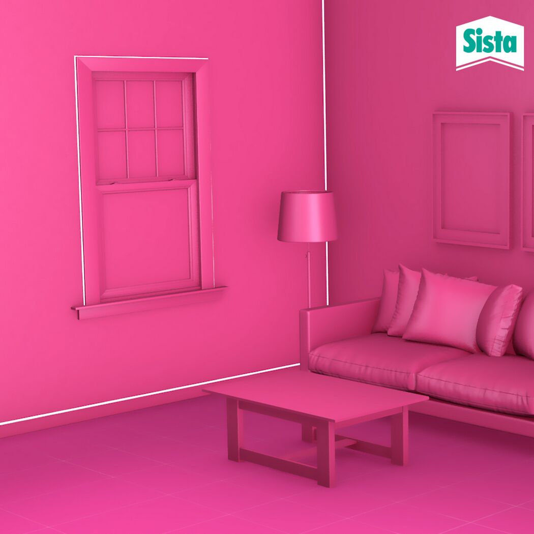 Rosa Wohnzimmer mit Sofa, Tisch und Fenster. Sista.