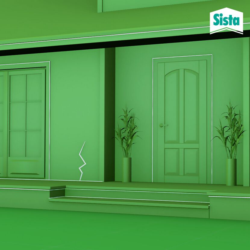 Grüne Hausfassade mit Riss