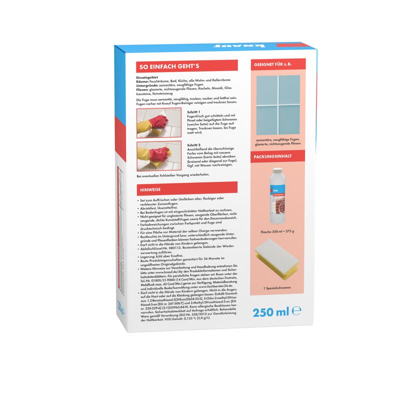 Verpackung Knauf Fugenfrisch, Flasche und Schwamm