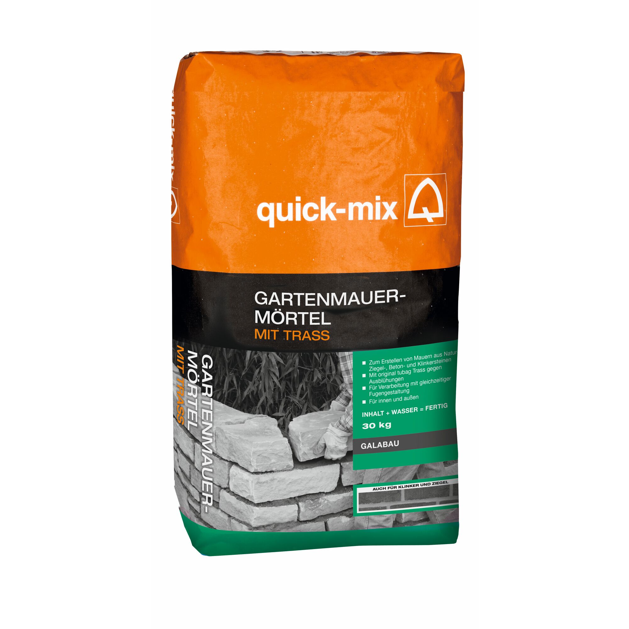 Sack Gartenmauermörtel mit Trass von quick-mix und eine Person baut eine Gartenmauer.