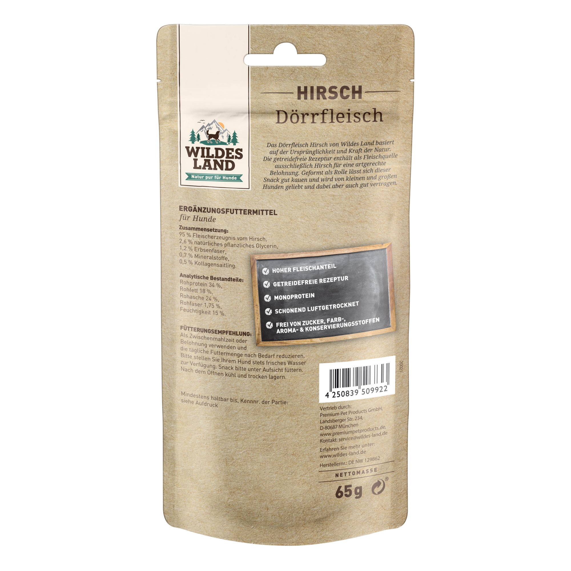 Hundesnack 'Dörrfleisch Hirsch' 65 g